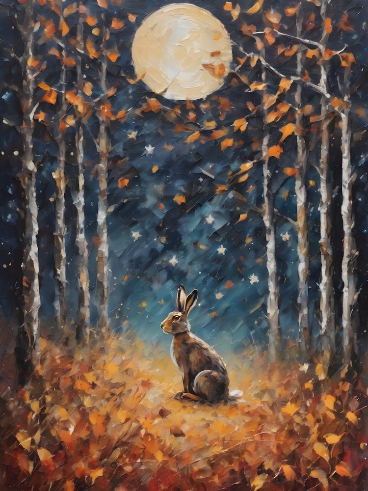 Cottagecore Hare in Autumn Forest - Acrylic Paint Little Fall Rabbit Bunny Bunnies Art with Falling Leaves at Night on a Full Moon, Perfect for Witchcore Cottage Core Pagan Tarot Celestial Zodiac Gallery Feature Wall Beautiful Woodland Creatures Series HD