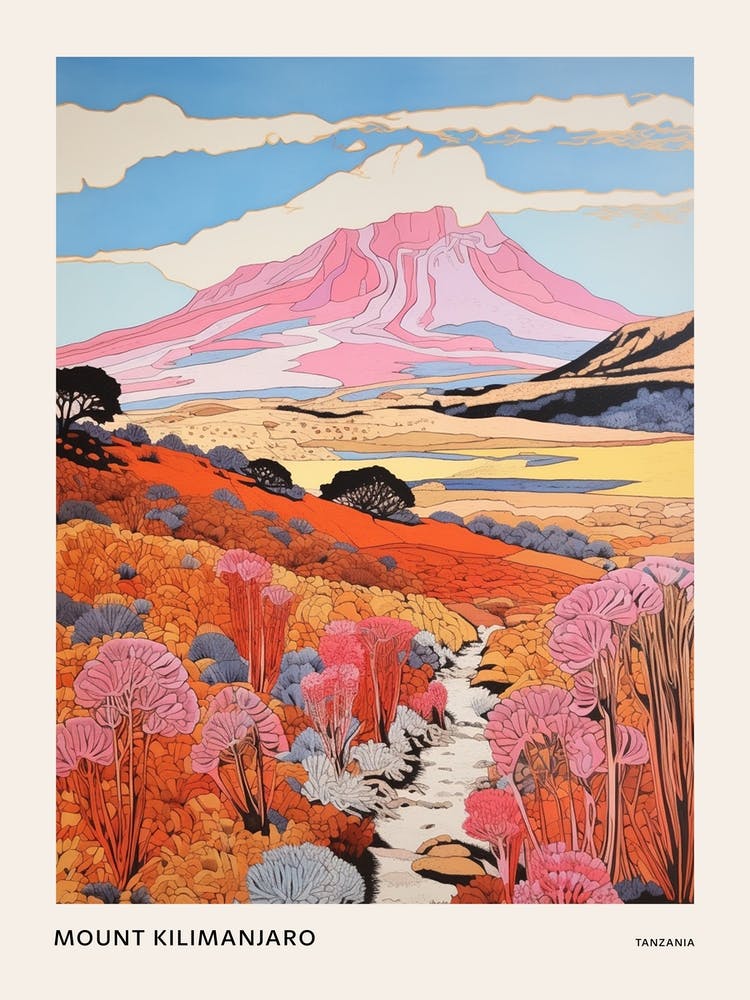 Mount Kilimanjaro Tanzania 1 Colourful Mountain Illustration Poster