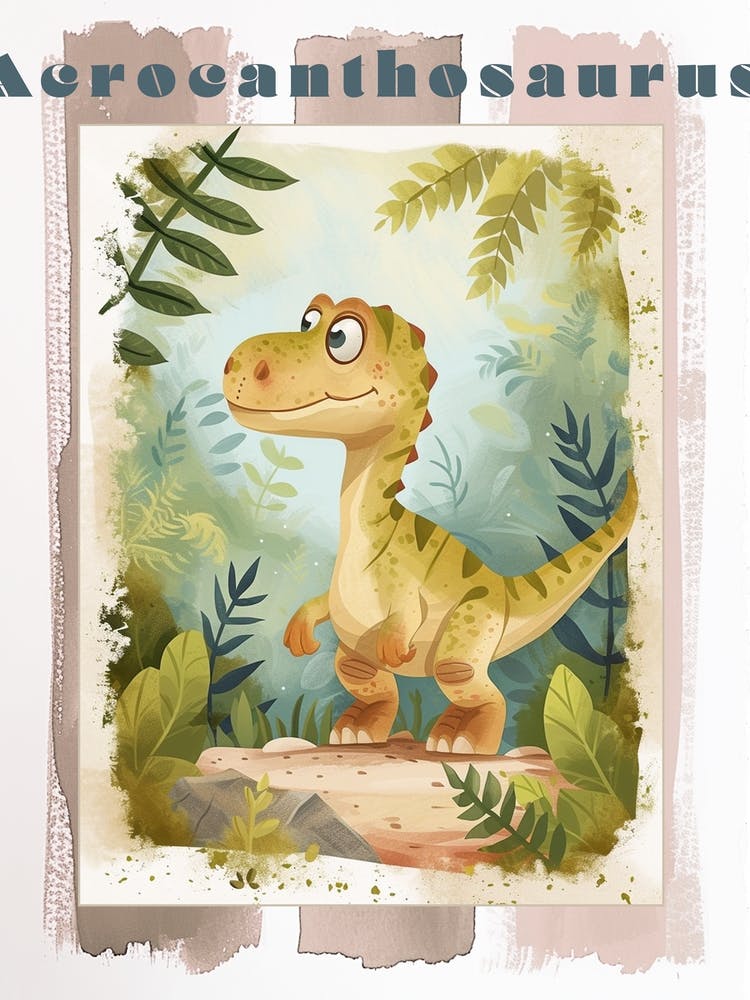 Cute Cartoon Acrocanthosaurus Dinosaur Watercolour 3 Poster