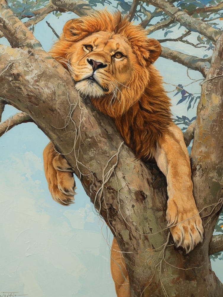 African Lion Climbing A Tree Acrylic Painting 1