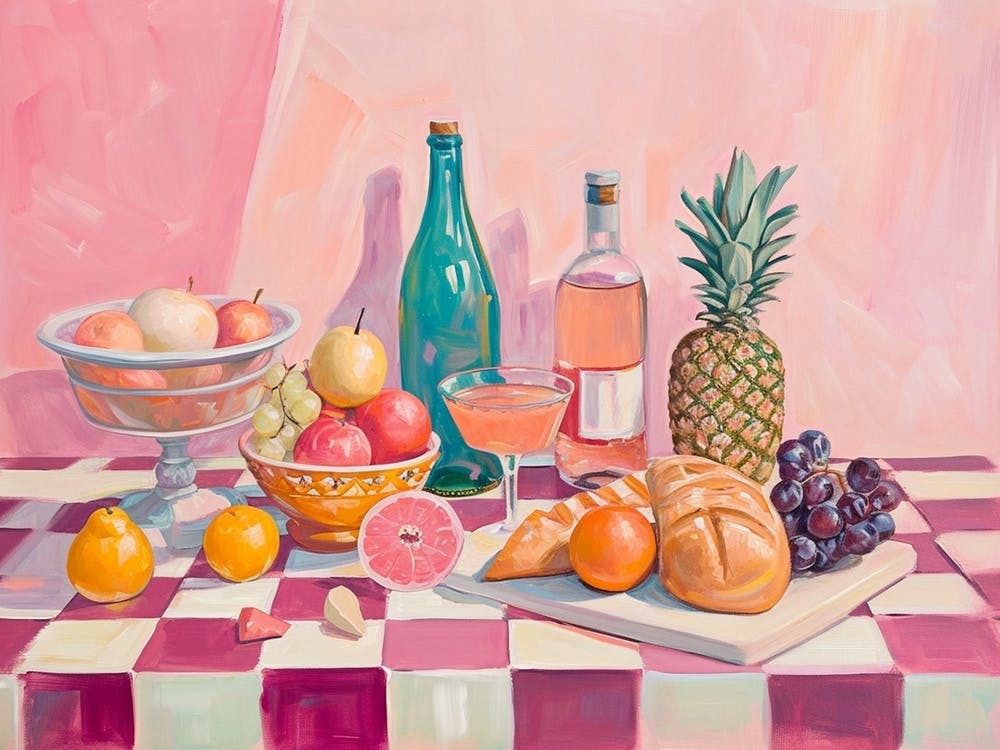 Food Still Life On A Pink Checkerboard Table