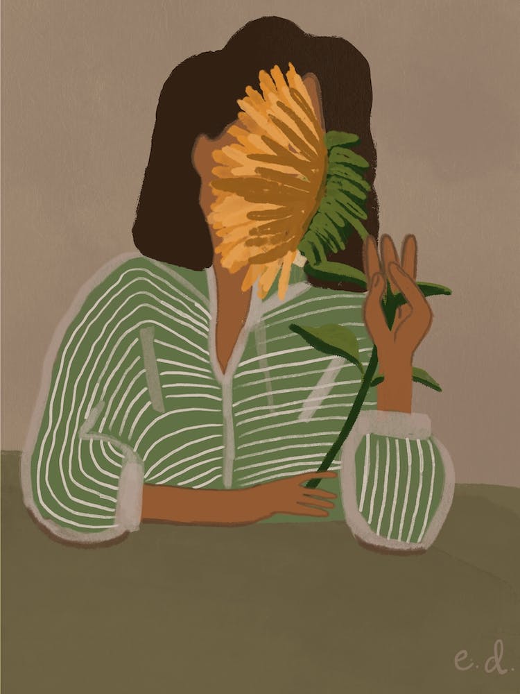 Girl And Sunflower Green