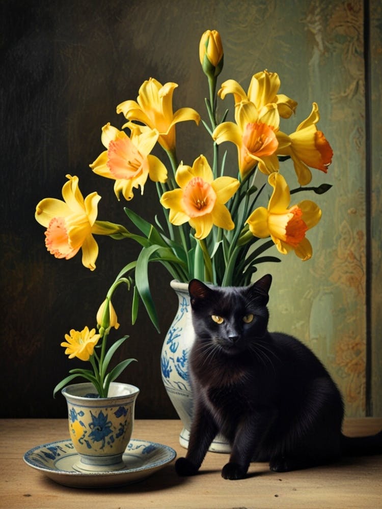 Black Cat With Daffodils 1