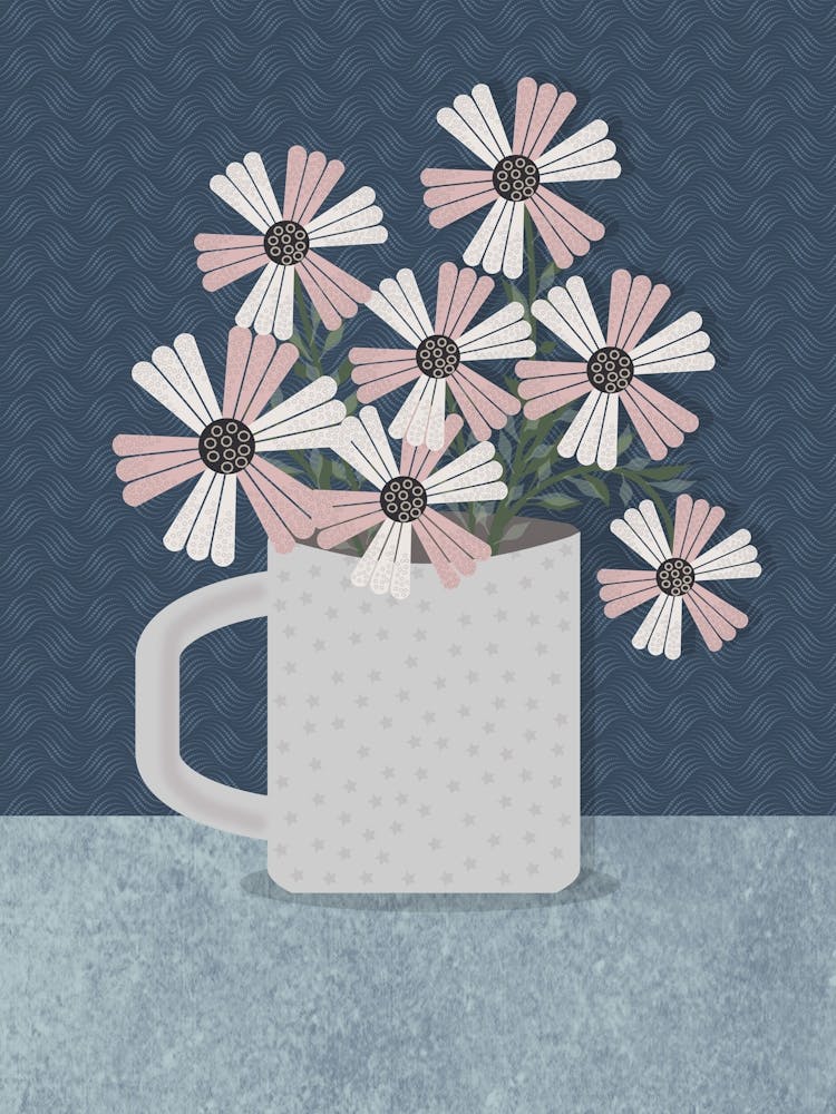 Flowers Mug Drawing Blue Background Pattern Nature