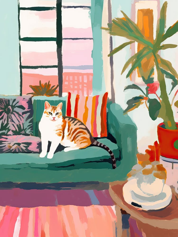 Ginger Cat On A Sofa In Boho Living Room Painting Animal Lovers