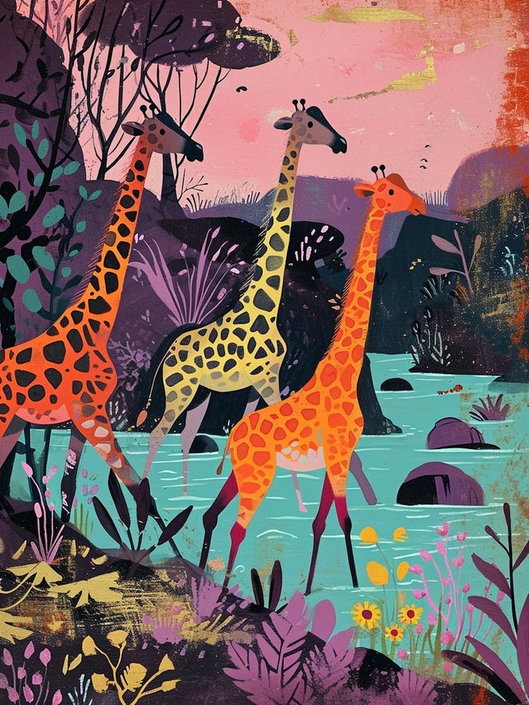 Cute Colourful Giraffes In The Water