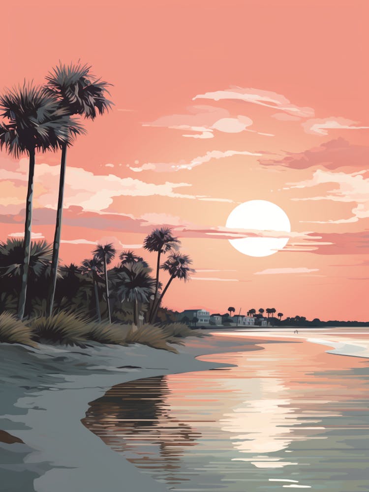 Illustration Of Gulfport Beach Mississippi In Pink Tones 4