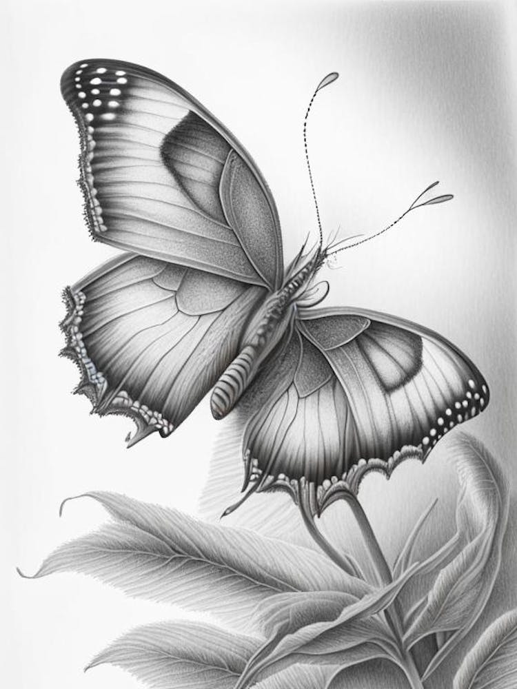 Butterfly On Flower Greyscale Sketch 2
