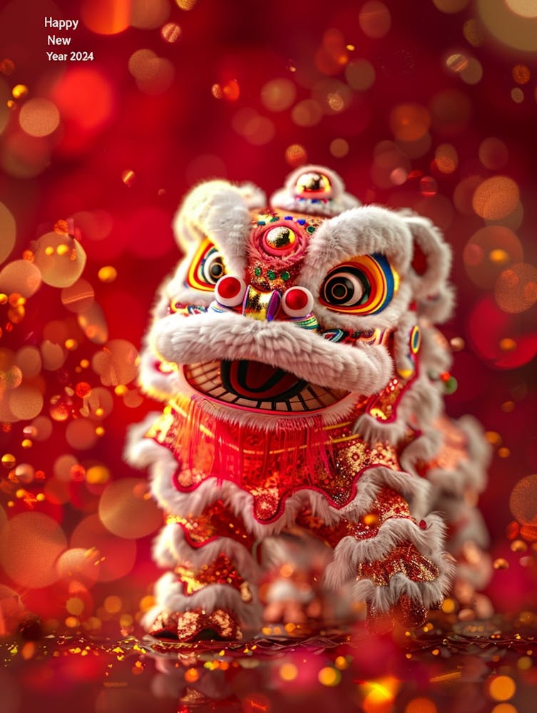 Microscopic Image Art Of Lion Dance Red Gold Cute In Falling Tinsels, Lunar New Year Chinese Festivities, Style Magazine With Text Happy New Year 2024, Beautiful Sparkling Blurred Red Background, Unbelievably Beautiful, Hyper Reali