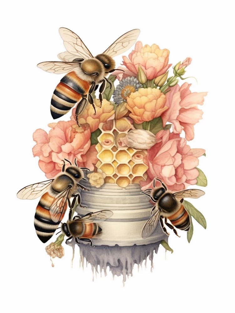 Four Banded Flower Bee Beehive Watercolour Illustration 3