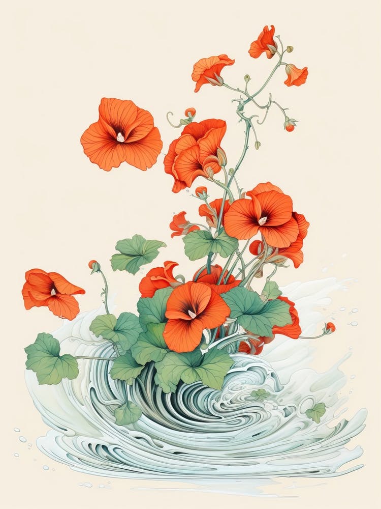 Great Wave With Nasturtium Flower Drawing In The Style Of Ukiyo E 4