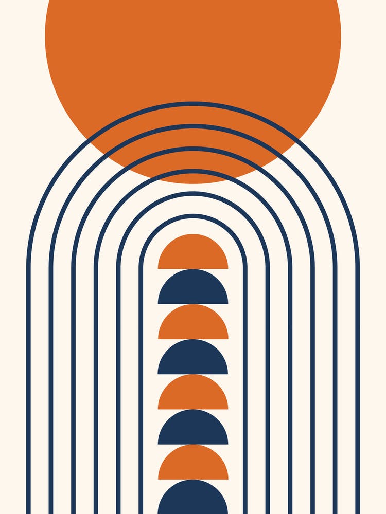 Modern Mid Century Gateway Sun Moon Rainbow 14 Abstract in Navy Blue Burnt Orange 3