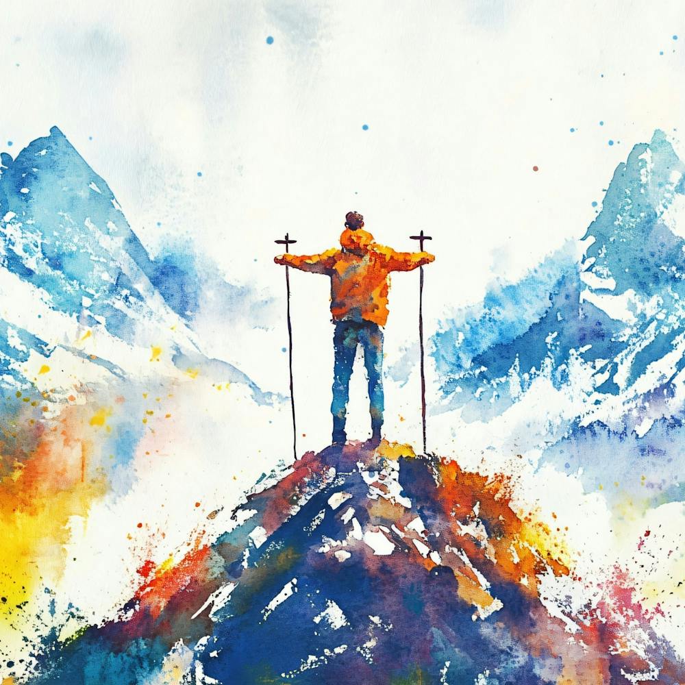 Mountaineer Standing On Top Of Mountain