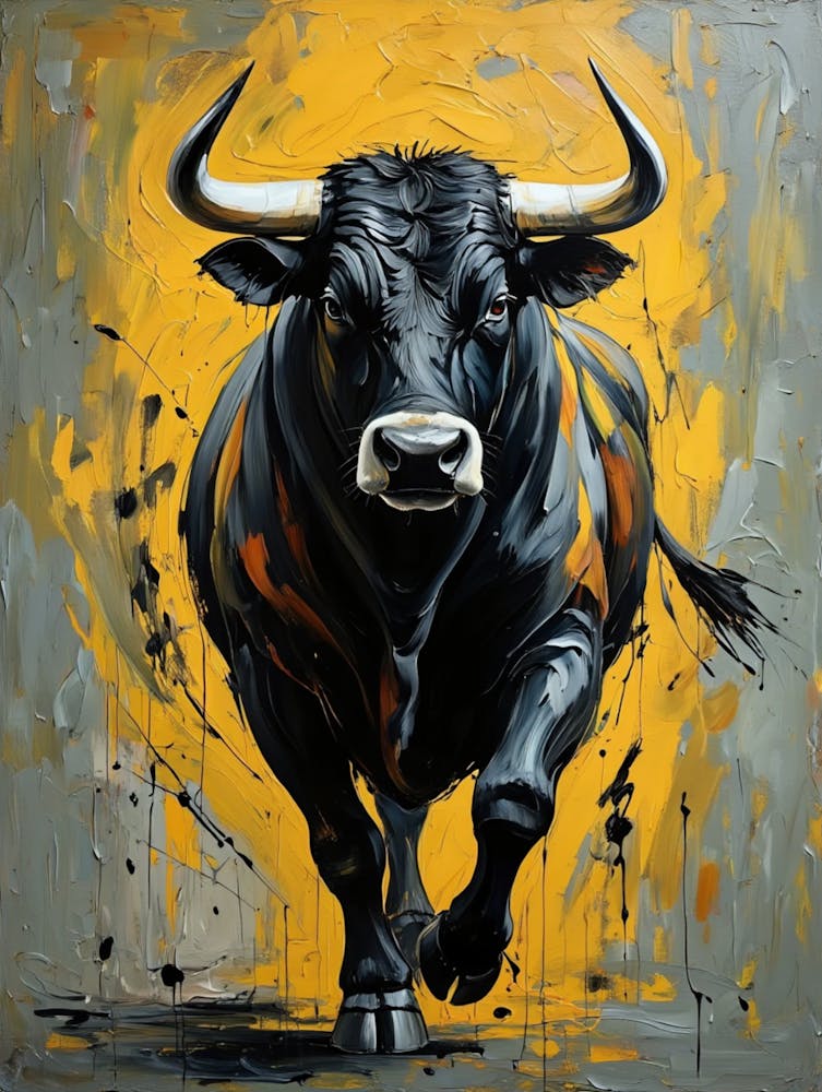 Abstract expressionist painting with bold brushwork and dramatic color of a bull with horns