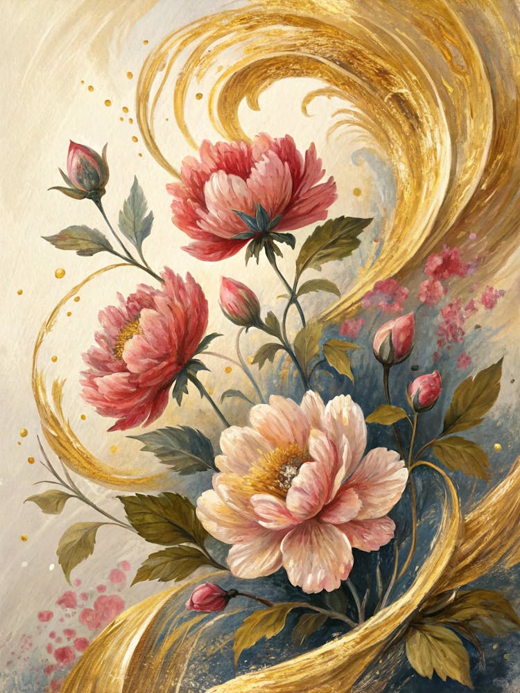 Oil Painting Style Floral Forms Within Golden Brush