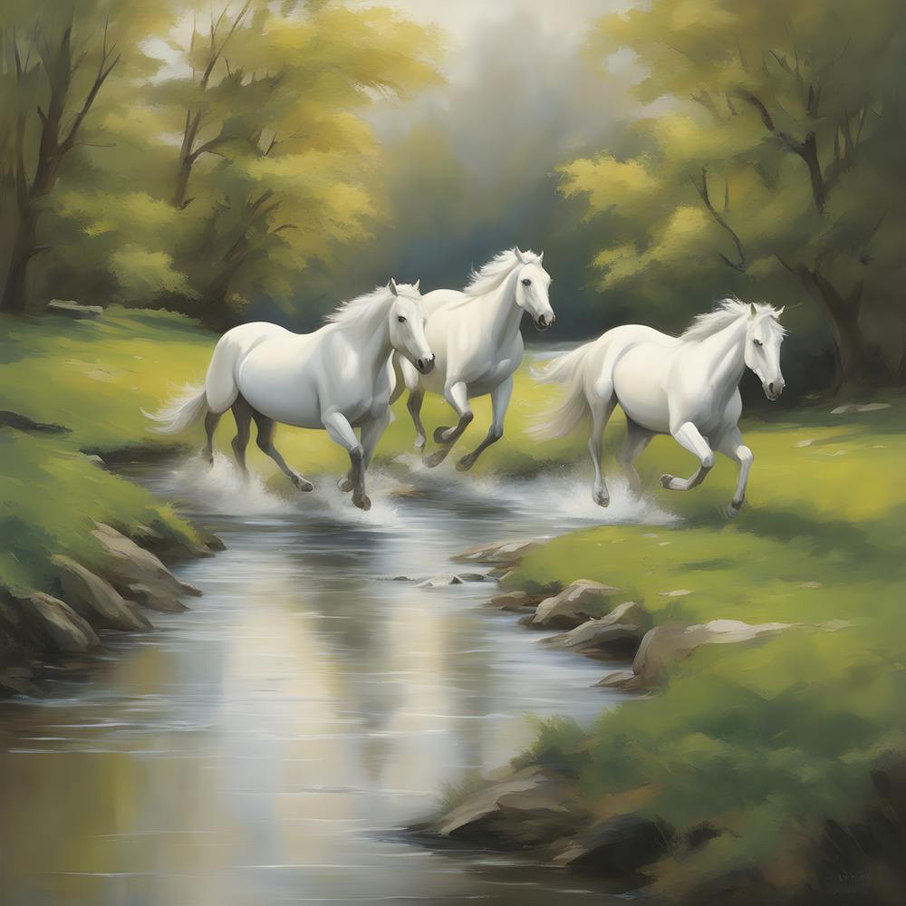 Paint A Dynamic Scene Of White Horses Running Alongside A Meandering Stream In A Pristine Rolling