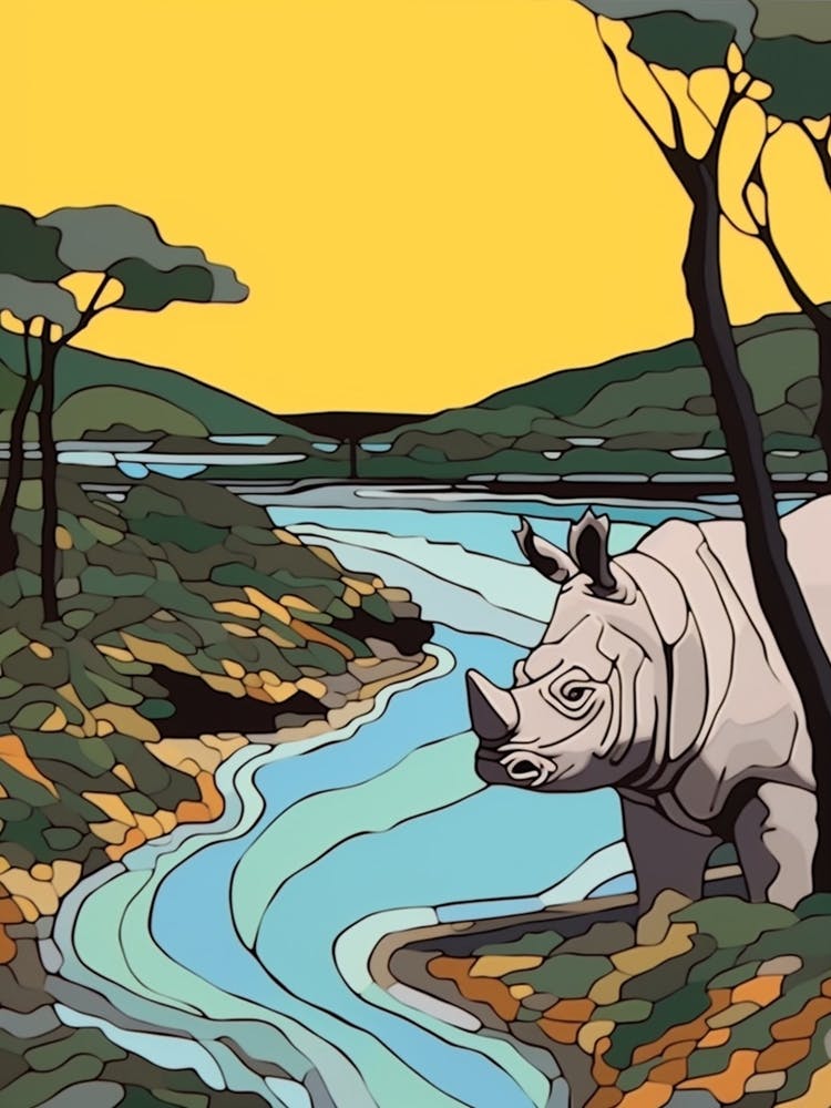 Simple Line Illustration Rhino By The River 1