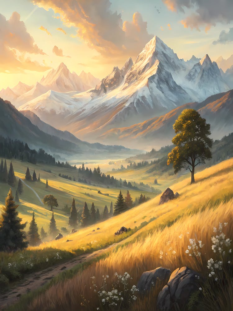 Serene Mountain Vista at Sunrise Oil Painting Style