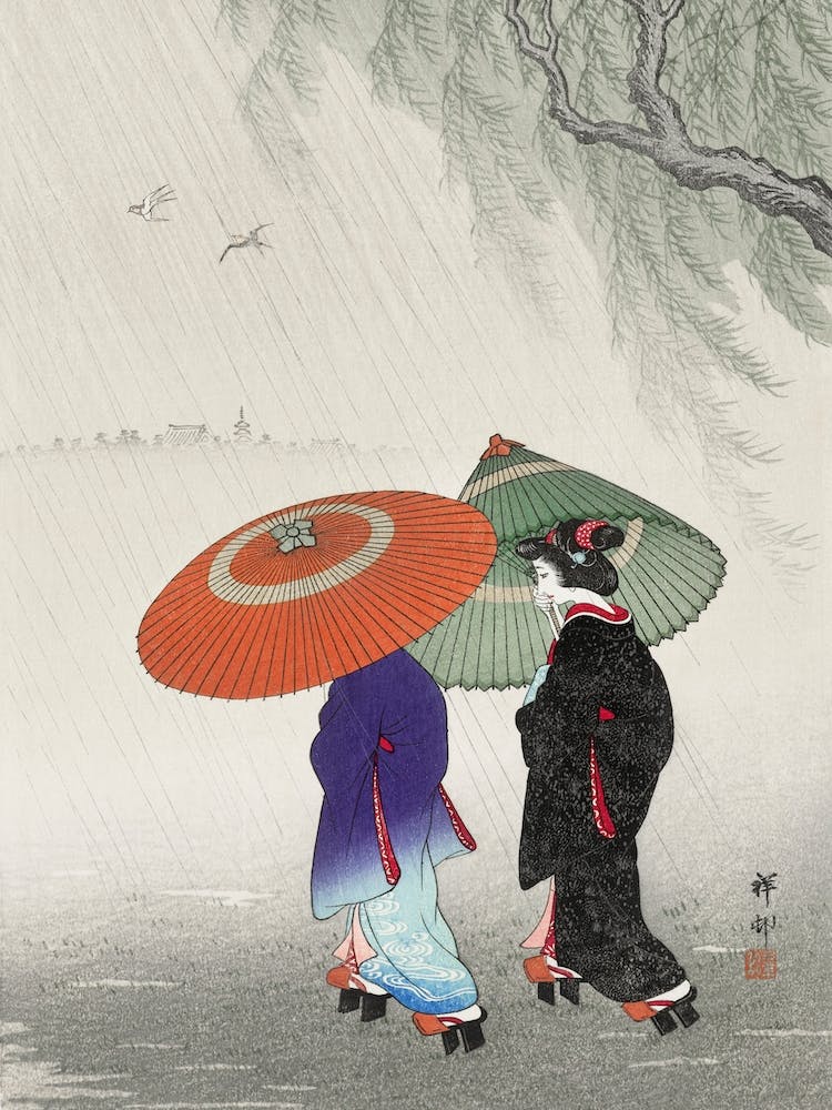 Two Women In The Rain, Ohara Koson