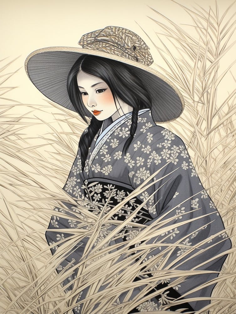 Fujibakama Herbe d'Argent Japonaise Botanique Japonaise Vintage Et Geisha