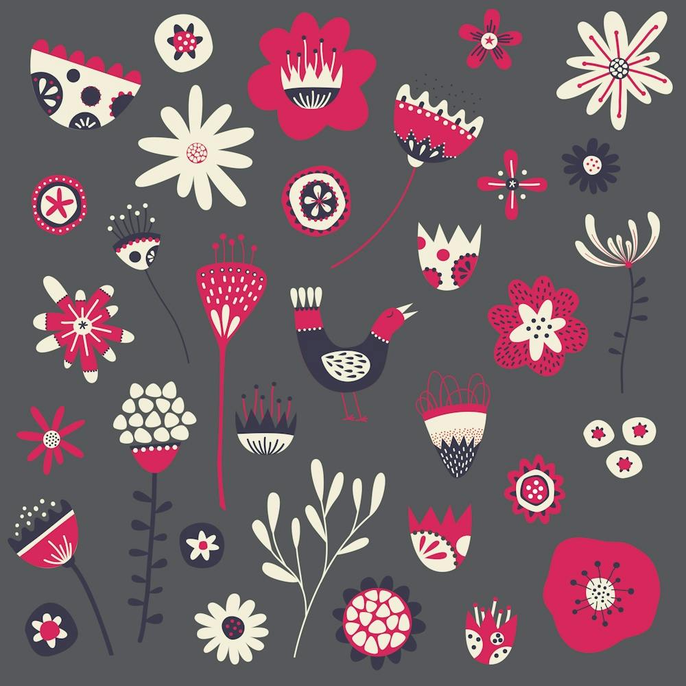 Scandinavian Folk Flowers And Birds Dark