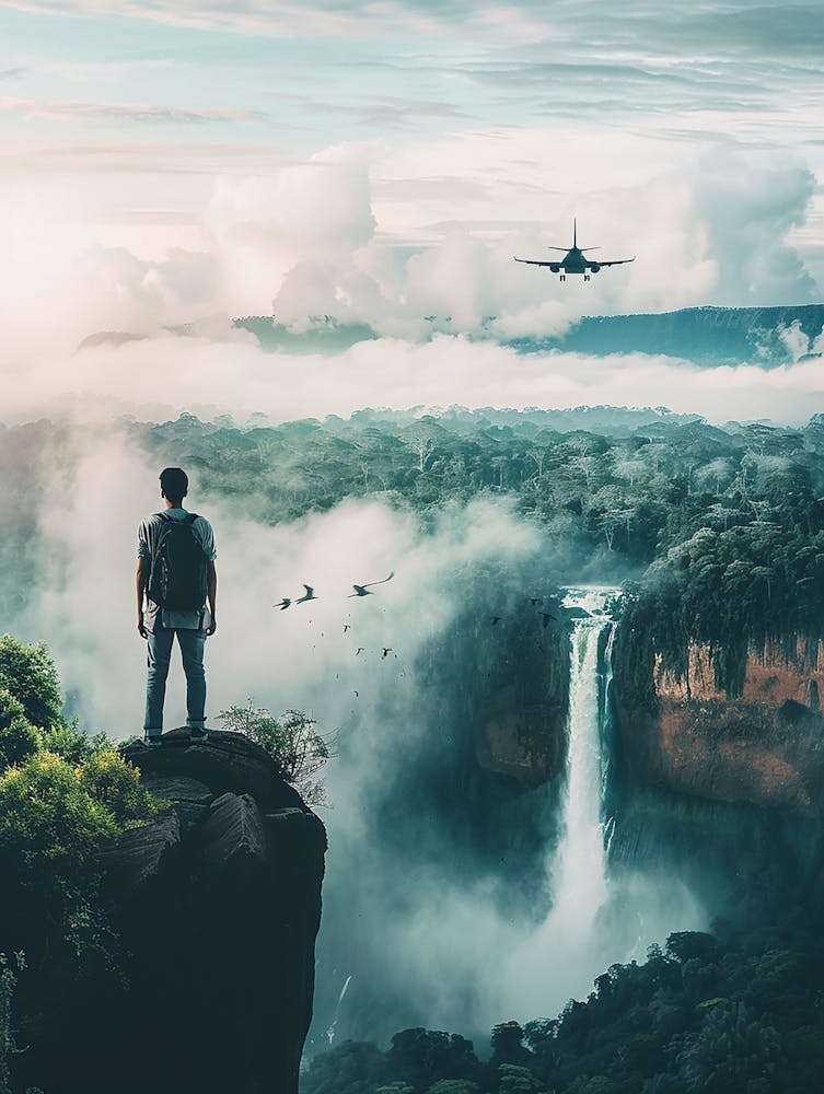 Man Looking At A Waterfall