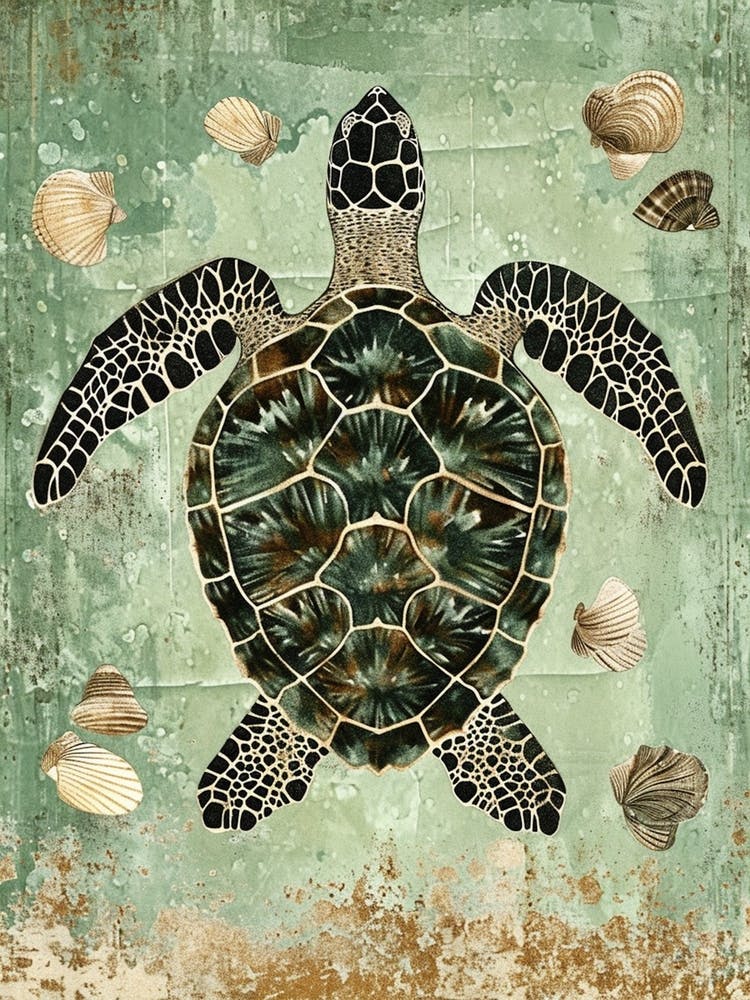 Sea Turtle & Shells Vintage Illustration 2