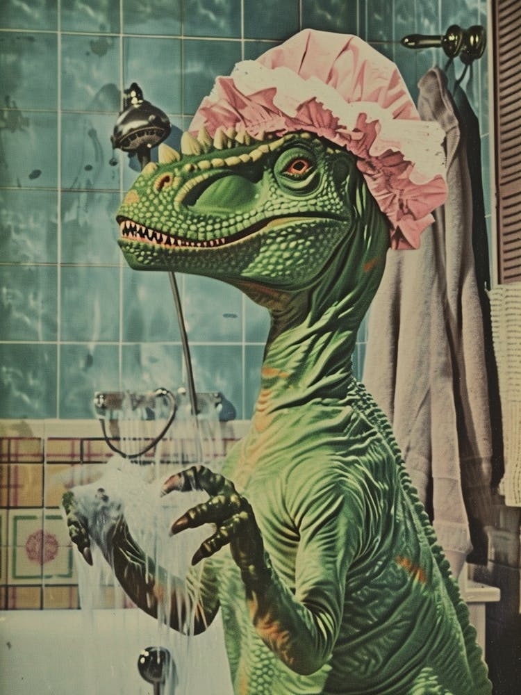 Dinosaur In The Shower With A Shower Cap Retro Collage 1