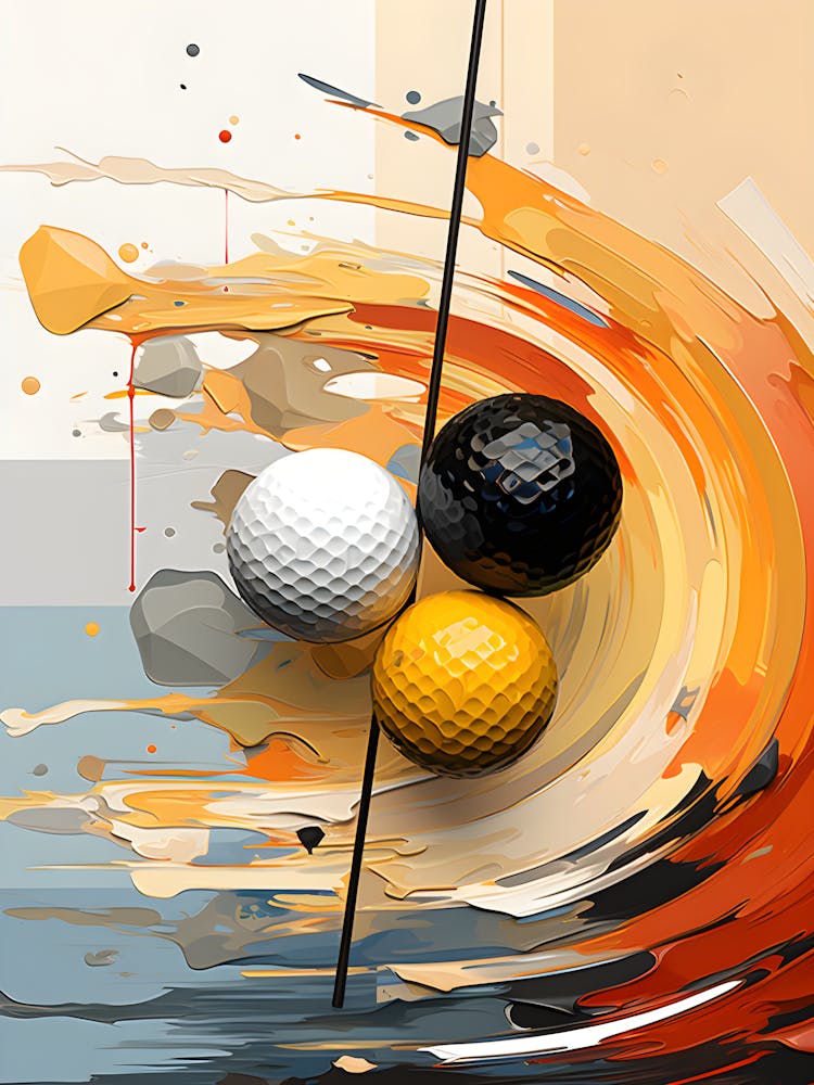 Golf Ball Abstract Wall Art – Dynamic Brushstroke Sports Print In Black, White & Yellow