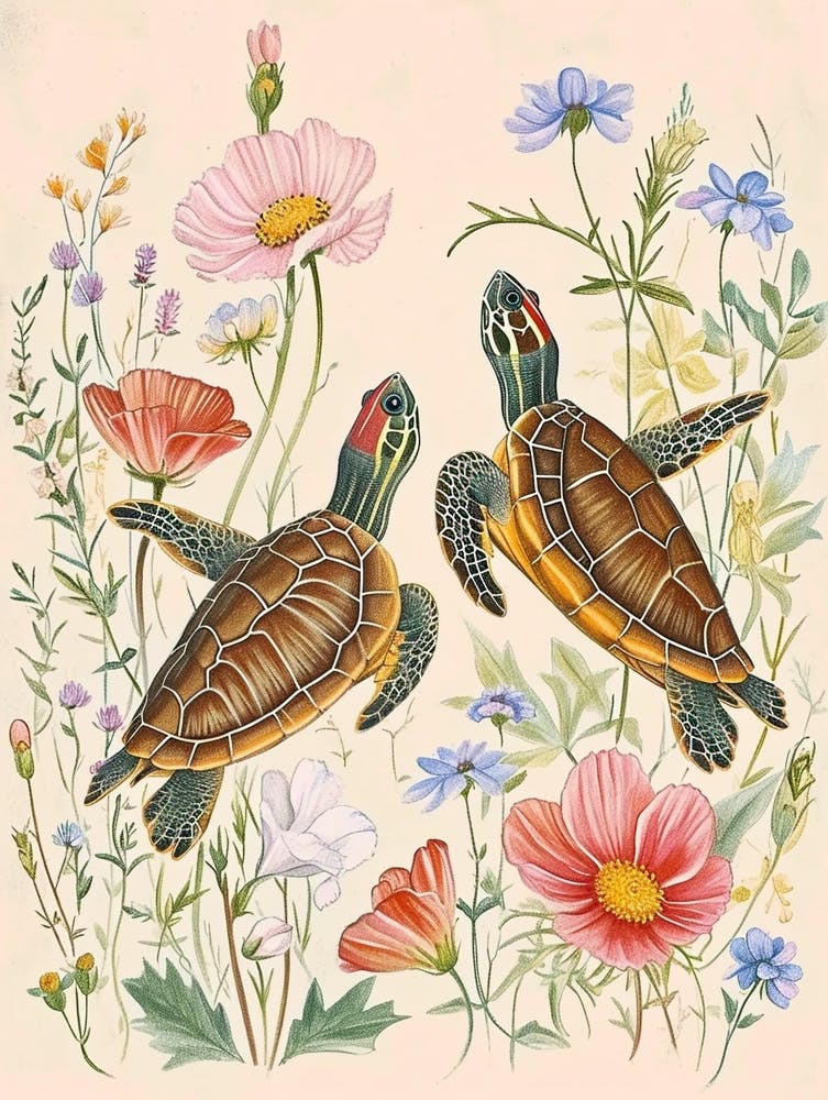 Folksy Floral Animal Drawing Turtle 2