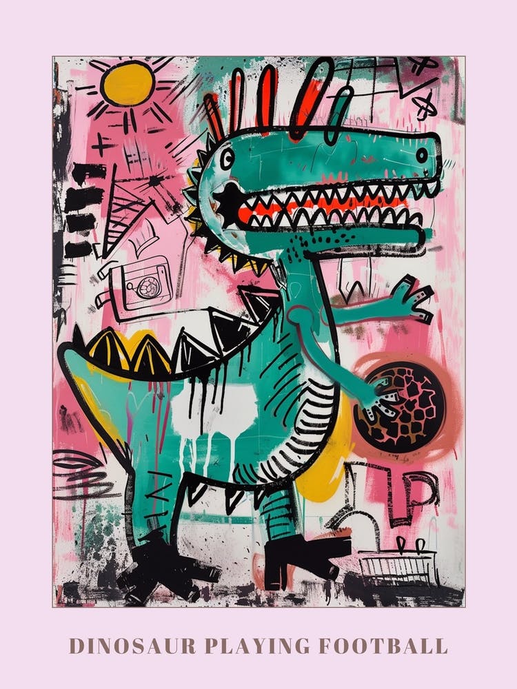 Dinosaur Playing Football Pink Graffiti Brushstroke 2 Poster