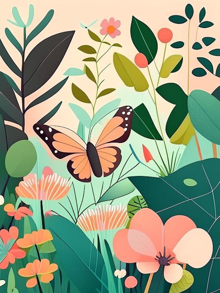 Butterfly In Botanical Gardens Scandi Cartoon 1