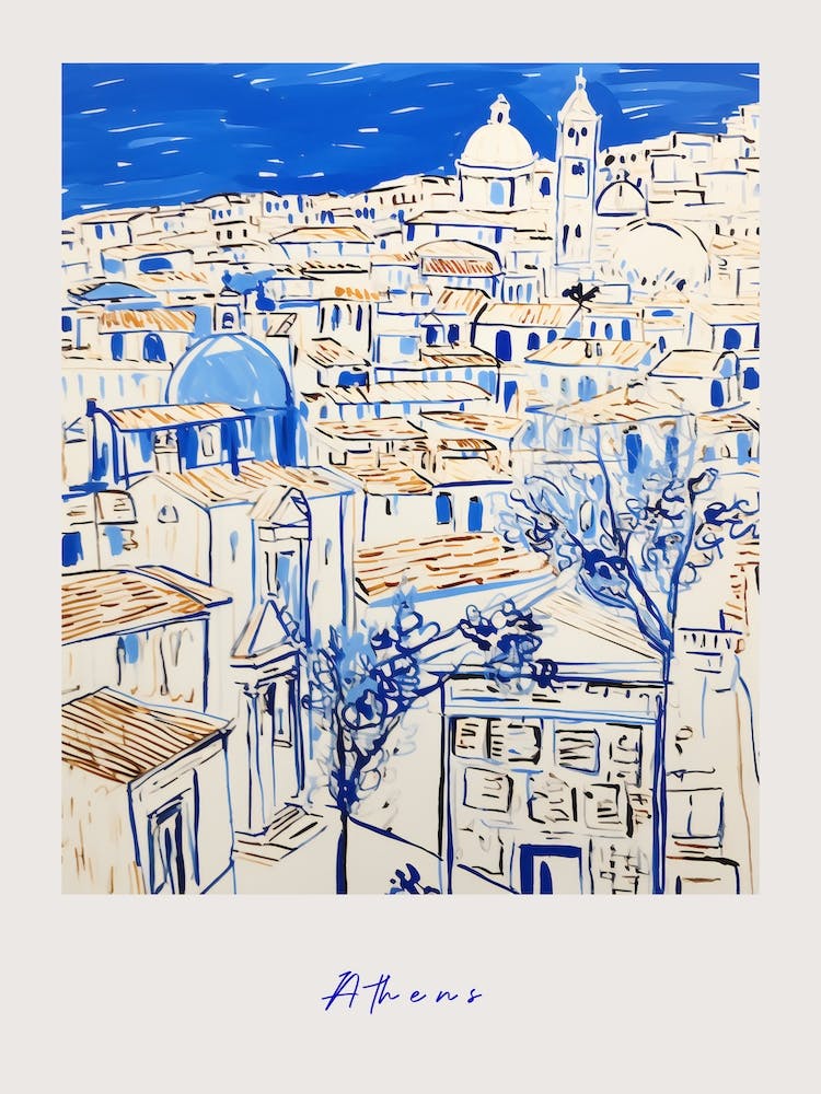Athens Greece Mediterranean Blue Drawing Poster