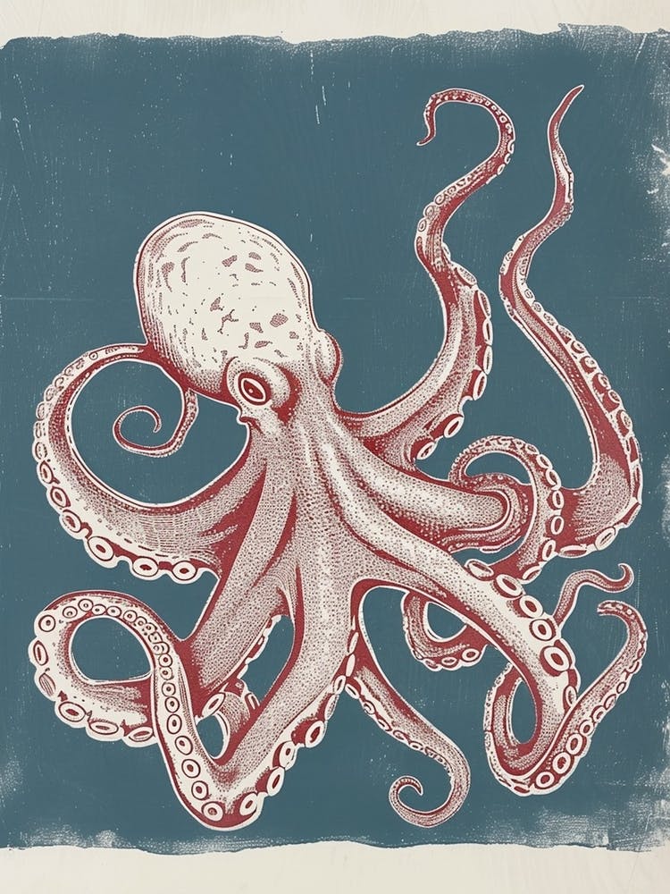 Octopus In Ocean Blue Linocut Background 1