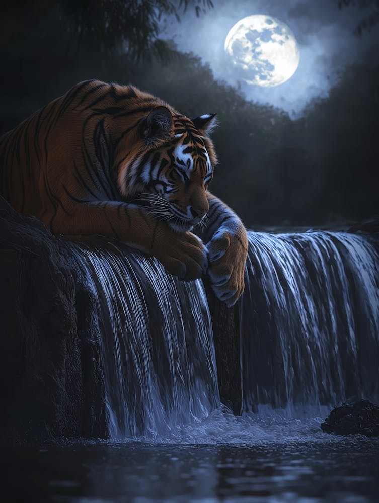 Tiger By The Waterfall. Generated AI. 1