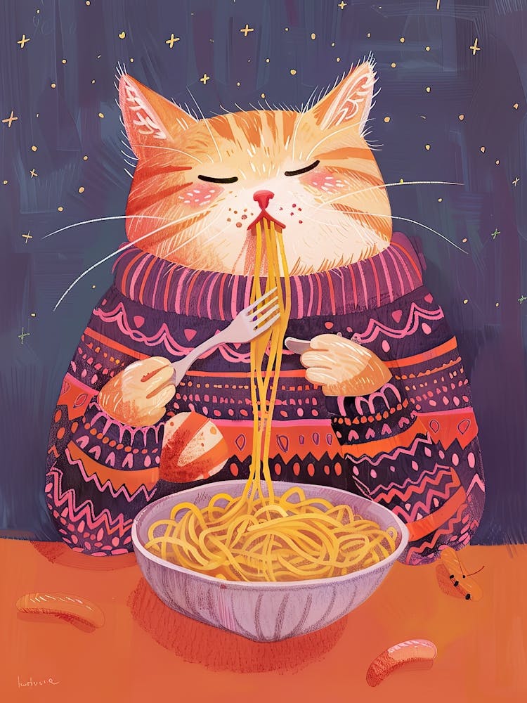 Adorable Chat Roux Amoureux des Pâtes - Illustration Folklorique 4