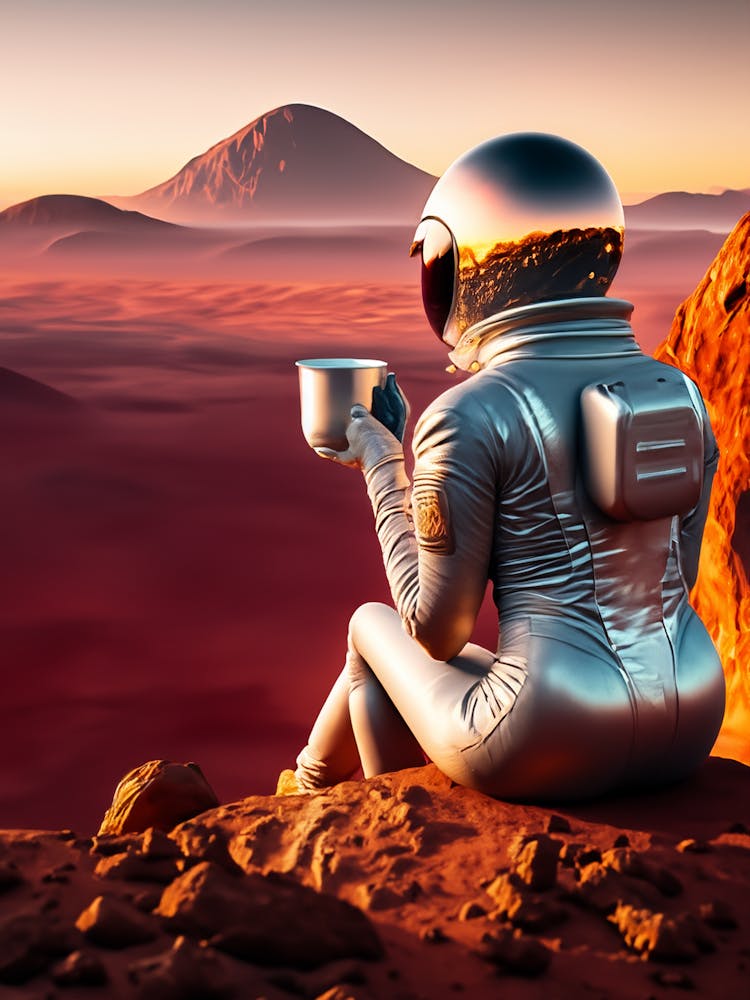 Space Explorer on Mars Enjoying Sunset Coffee - Futuristic Art