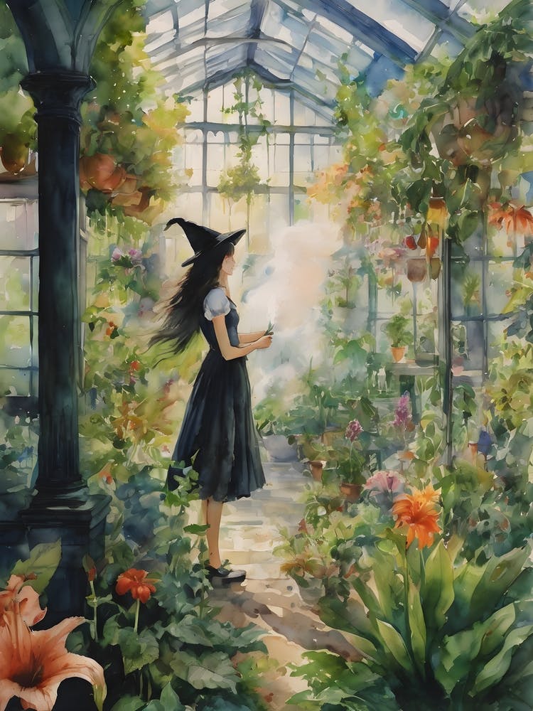 Plant Medicine ~ Japanese Schoolgirl Witch Seeking Advice From Spirit Guides in Greenhouse ~ Anime Botanist Ayahuasca Inspired Nature Allies ~ Giant Lillies Witchy ~ Watercolour Artwork Painting Cute Witchcraft Cottagecore Witchcore Cute Witches Pagan Cool Plant Medicine Herbalist Medicinal Herbal