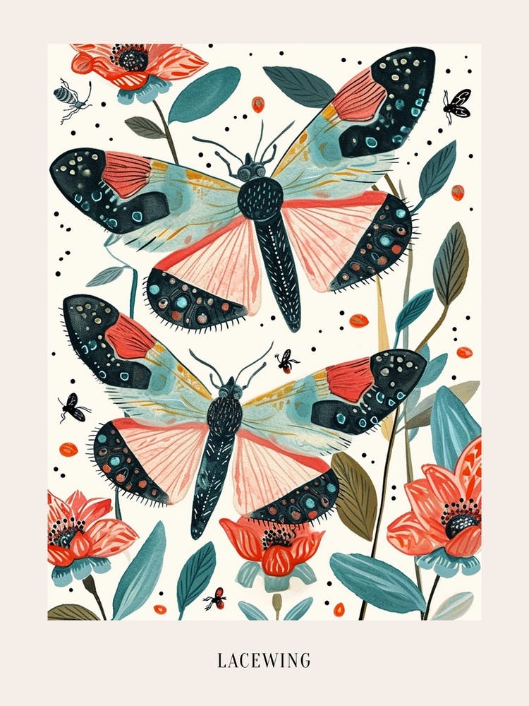 Colourful Insect Illustration Lacewing 5 Poster