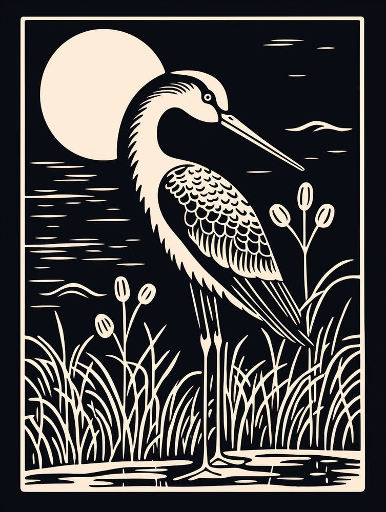 B&W Bird Linocut Stork 1