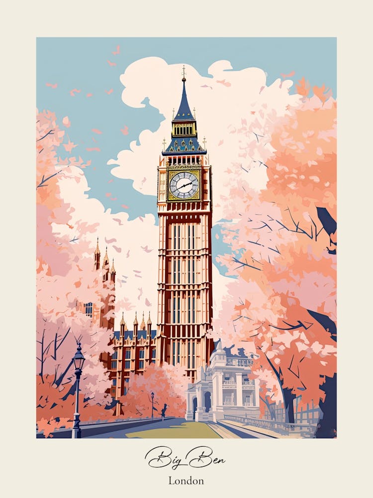 Big Ben, London   Cute Botanical Illustration Travel 8 Poster