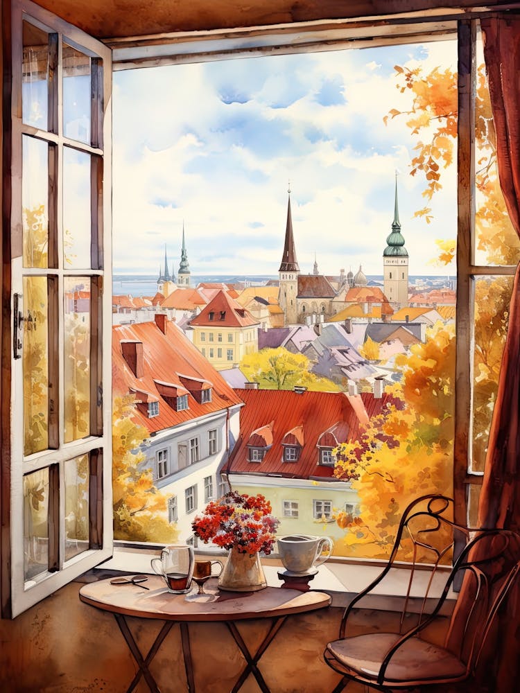 Window View Of Tallinn Estonia In Autumn Fall, Watercolour 2
