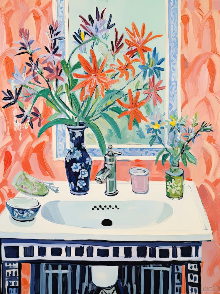 Bathroom Vanity Painting With A Columbine Bouquet 1