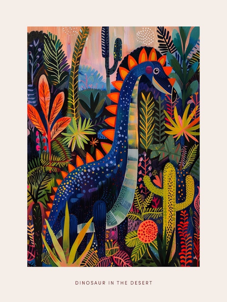 Dinosaur In The Desert With Cactus & Succulents Poster