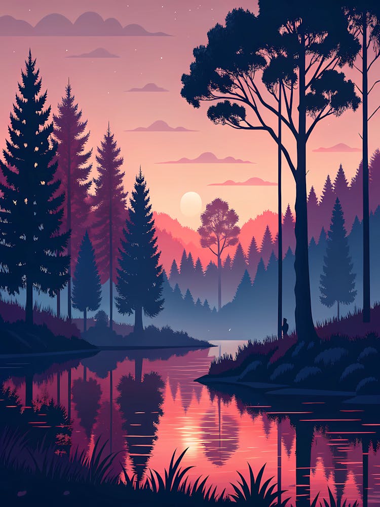 Paysage forestier au coucher du soleil