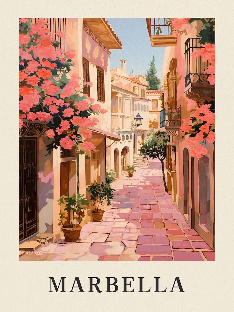Marbella Spain 6 Vintage Pink Travel Illustration Poster