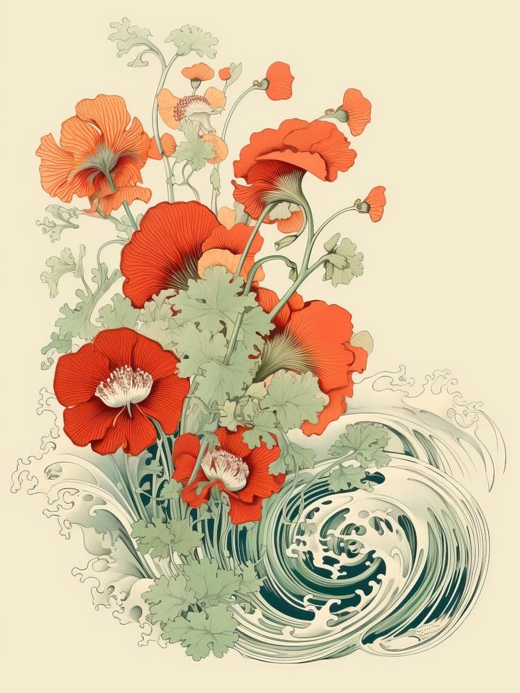 Great Wave With Nasturtium Flower Drawing In The Style Of Ukiyo E 1