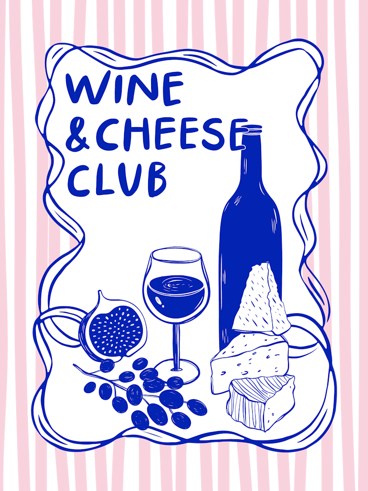 Wine And Cheese Club | Blue & Pink Kitchen Wall Art