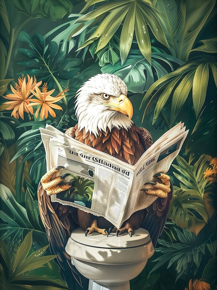 Botanical Eagle On Toilet Print, Funny Bathroom Decor Funny Toilet Poster Bathroom Prints Toilet Wall Art Bathroom Wall Art Animal On Toilet