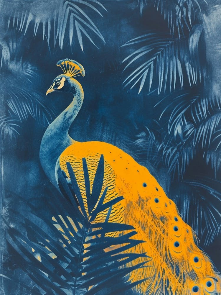 Orange & Blue Cyanotype Inspired Peacock With Tropical Leaves 1